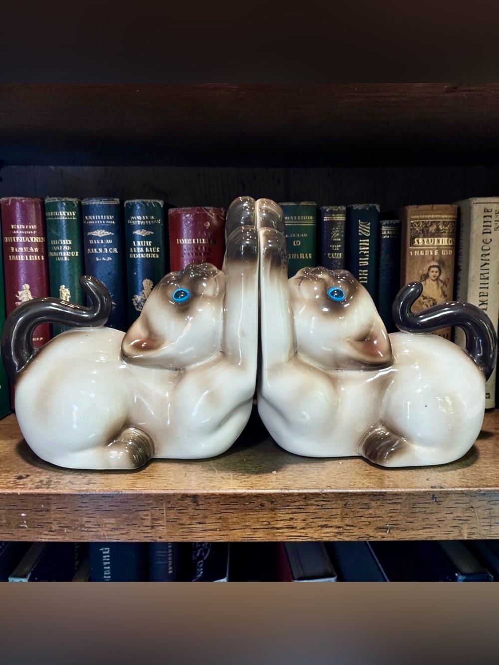 Vintage Lefton Siamese Cat Bookends Pair Blue Eyed Porcelain Cats